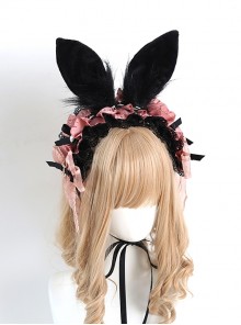 Black Pink Sweet-Cool Style Bowknot Decoration Detachable Black Rabbit Ears Classic Lolita Headband