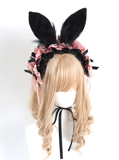 Black Pink Sweet-Cool Style Bowknot Decoration Detachable Black Rabbit Ears Classic Lolita Headband