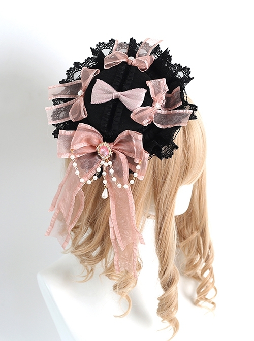 Sweet-Cool Style Black Lace Pink Bowknot Decorate Gorgeous Classic Lolita Little Top Hat