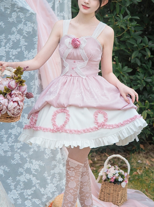 Throbbing Series Rose Print Cute Girly Pink Bud Summer Sweet Lolita Sleeveless Dress