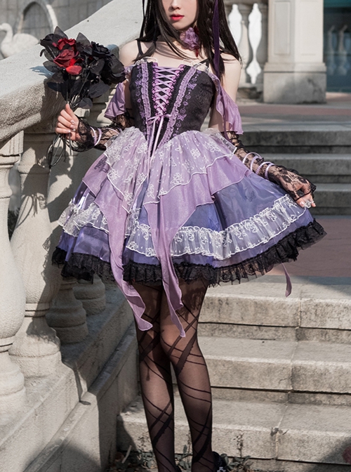 Gothic Style Black Purple Irregular Printed Lace Hem Butterfly Embroidered Gothic Lolita Sleeveless Dress