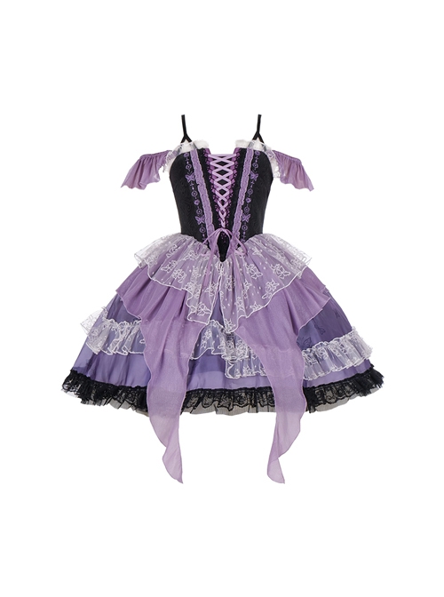 Gothic Style Black Purple Irregular Printed Lace Hem Butterfly Embroidered Gothic Lolita Sleeveless Dress