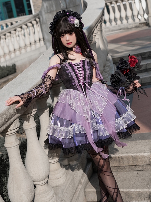 Gothic Style Black Purple Irregular Printed Lace Hem Butterfly Embroidered Gothic Lolita Sleeveless Dress