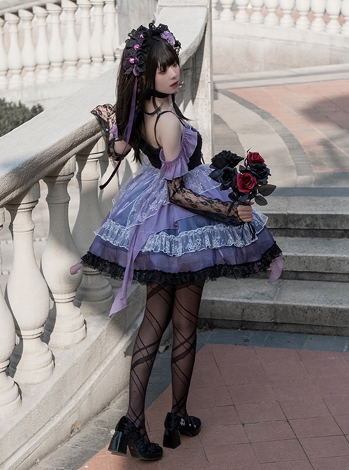 Gothic Style Black Purple Irregular Printed Lace Hem Butterfly Embroidered Gothic Lolita Sleeveless Dress