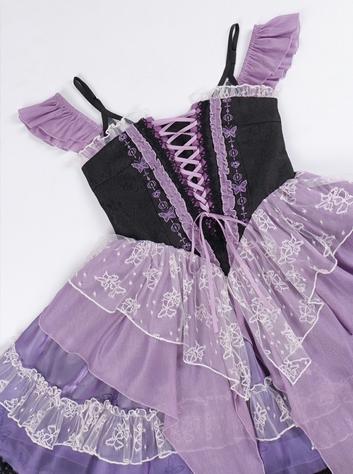 Gothic Style Black Purple Irregular Printed Lace Hem Butterfly Embroidered Gothic Lolita Sleeveless Dress