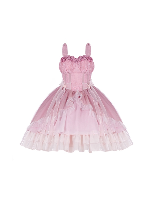 Rose Waltzes Series Pink Elegant Stereoscopic Rose Decoration Pink Gradient Hem Design Classic Lolita Sleeveless Dress