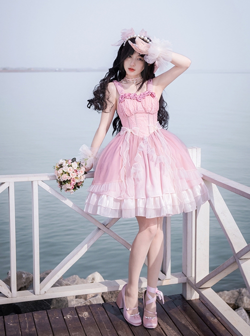 Rose Waltzes Series Pink Elegant Stereoscopic Rose Decoration Pink Gradient Hem Design Classic Lolita Sleeveless Dress