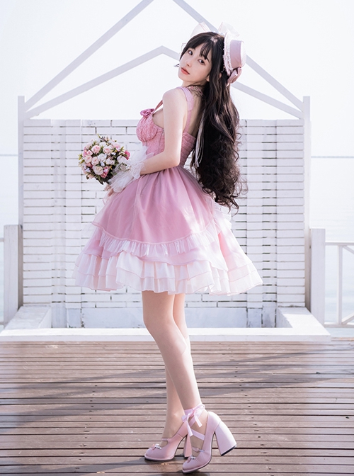 Rose Waltzes Series Pink Elegant Stereoscopic Rose Decoration Pink Gradient Hem Design Classic Lolita Sleeveless Dress