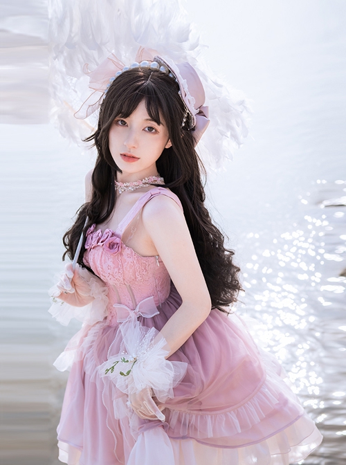 Rose Waltzes Series Pink Elegant Stereoscopic Rose Decoration Pink Gradient Hem Design Classic Lolita Sleeveless Dress