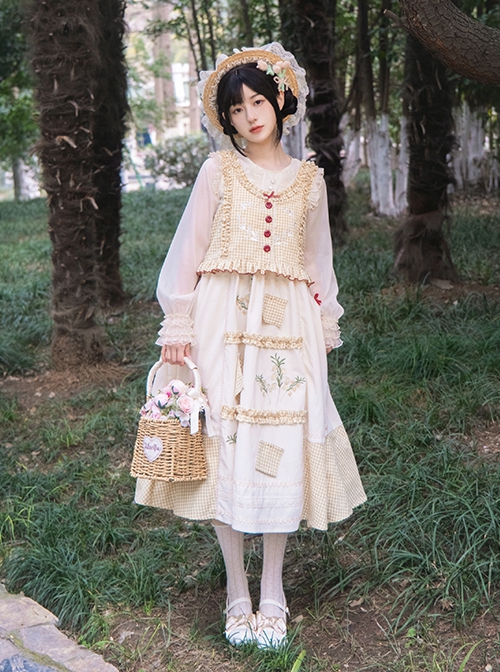 Retro Elegant Pastoral Style Embroidery Stitching False Two-Piece Sundress Classic Lolita Sleeveless Dress