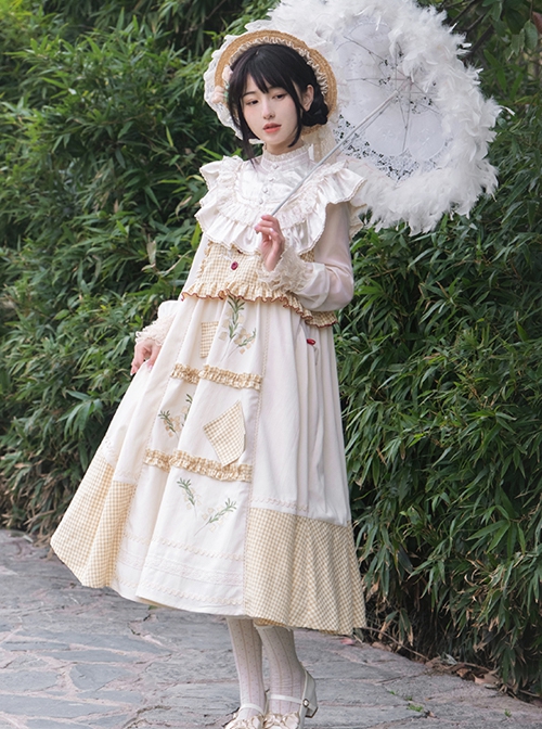 Retro Elegant Pastoral Style Embroidery Stitching False Two-Piece Sundress Classic Lolita Sleeveless Dress
