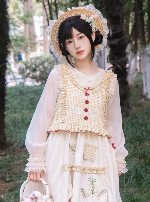 Apricot Translucent Chiffon Lace-Up Classic Lolita Long Sleeve Shirt