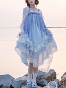 Blue Elegant Gradient Irregular Hem Loose Summer Long Sleeve Shawl Classic Lolita Sleeveless Dress Set