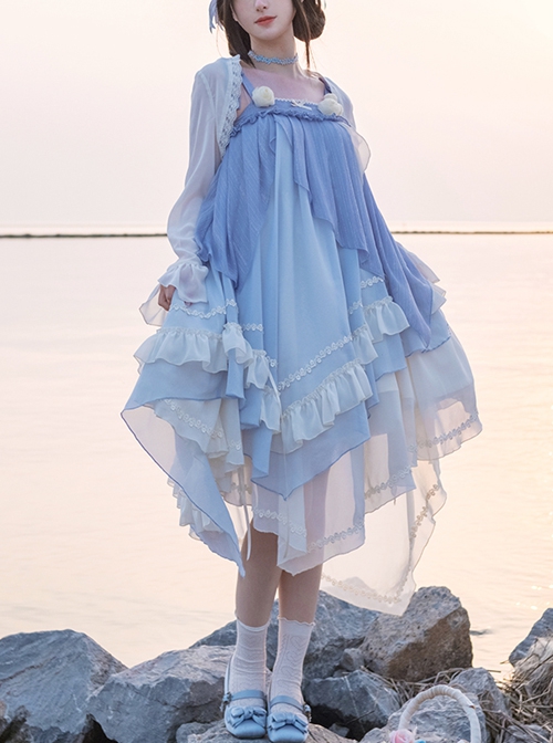 Blue Elegant Gradient Irregular Hem Loose Summer Long Sleeve Shawl Classic Lolita Sleeveless Dress Set