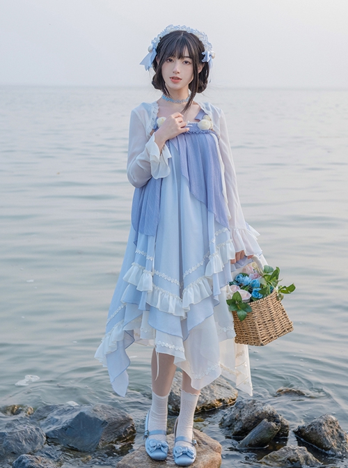 Blue Elegant Gradient Irregular Hem Loose Summer Long Sleeve Shawl Classic Lolita Sleeveless Dress Set