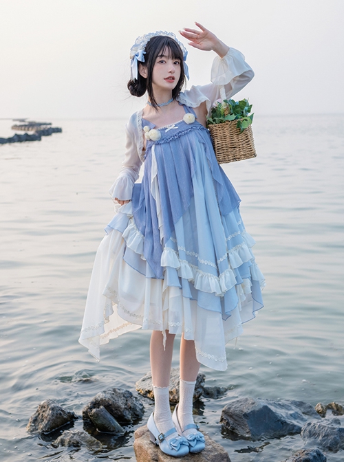 Blue Elegant Gradient Irregular Hem Loose Summer Long Sleeve Shawl Classic Lolita Sleeveless Dress Set