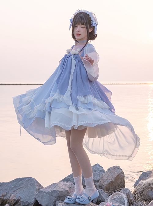 Blue Elegant Gradient Irregular Hem Loose Summer Long Sleeve Shawl Classic Lolita Sleeveless Dress Set