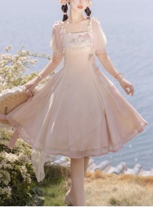 Chinese Style Pink Elegant Square Neck Embroidered Slim Fit Han Element Irregular Hem Classic Lolita Short Sleeve Dress