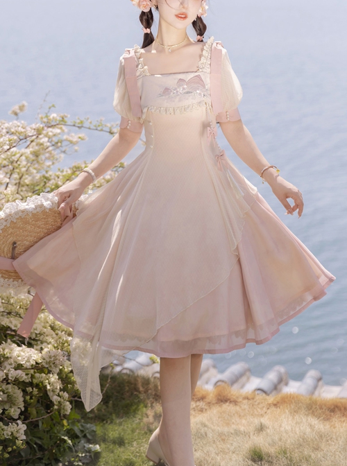 Chinese Style Pink Elegant Square Neck Embroidered Slim Fit Han Element Irregular Hem Classic Lolita Short Sleeve Dress