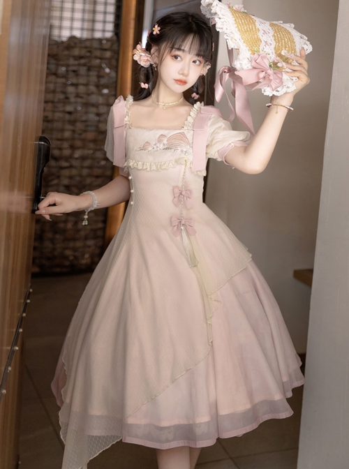 Chinese Style Pink Elegant Square Neck Embroidered Slim Fit Han Element Irregular Hem Classic Lolita Short Sleeve Dress