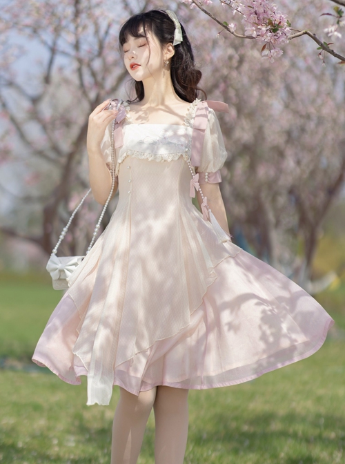 Chinese Style Pink Elegant Square Neck Embroidered Slim Fit Han Element Irregular Hem Classic Lolita Short Sleeve Dress