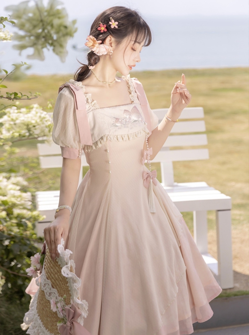 Chinese Style Pink Elegant Square Neck Embroidered Slim Fit Han Element Irregular Hem Classic Lolita Short Sleeve Dress