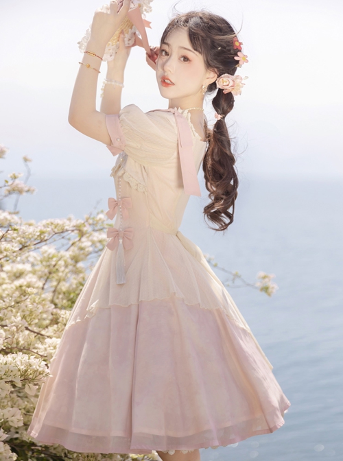 Chinese Style Pink Elegant Square Neck Embroidered Slim Fit Han Element Irregular Hem Classic Lolita Short Sleeve Dress