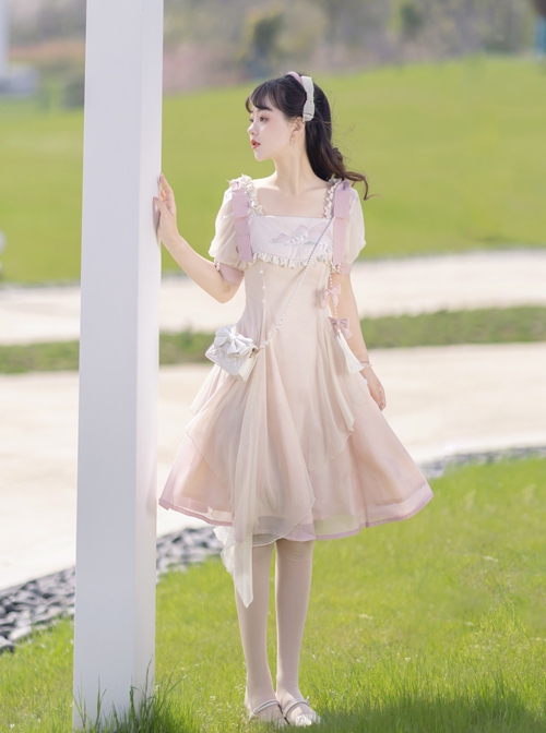 Chinese Style Pink Elegant Square Neck Embroidered Slim Fit Han Element Irregular Hem Classic Lolita Short Sleeve Dress