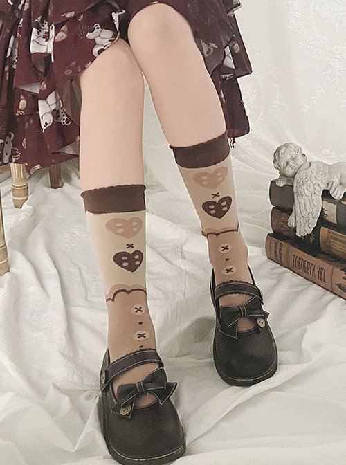 Caramel Sweetheart Series Love Print Sweet Lolita Brown Mid-Cut Knit Socks