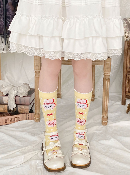 Yellow Polka Dot Cute Rabbit Print Mid-Tube Knitted Socks Sweet Lolita Socks