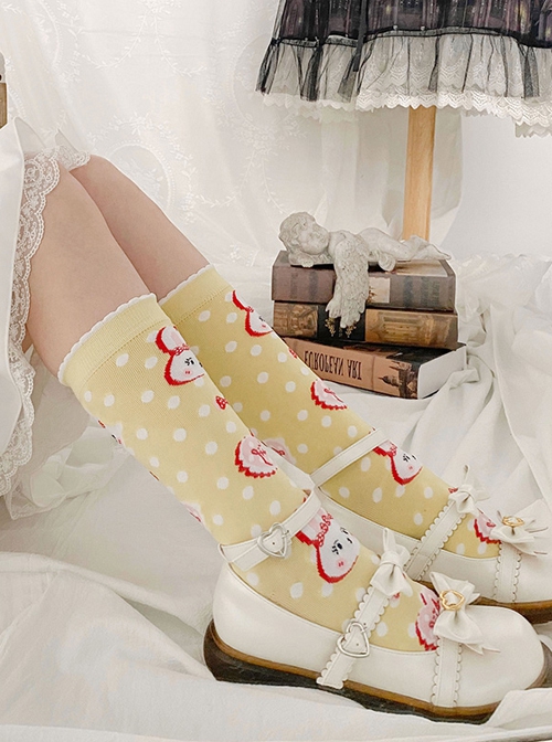 Yellow Polka Dot Cute Rabbit Print Mid-Tube Knitted Socks Sweet Lolita Socks