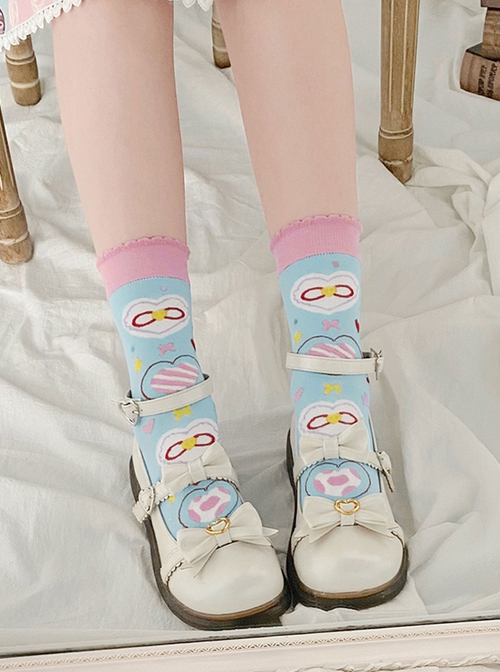 Cute Blue Pink Printed Knit Short Tube Socks Sweet Lolita Socks