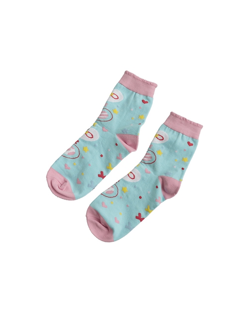 Cute Blue Pink Printed Knit Short Tube Socks Sweet Lolita Socks