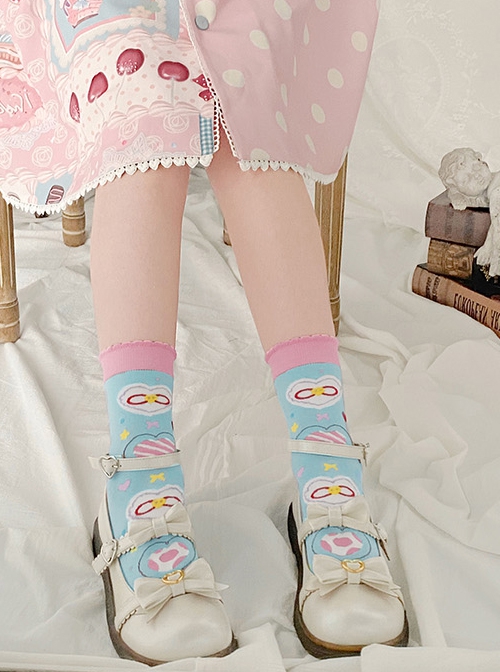 Cute Blue Pink Printed Knit Short Tube Socks Sweet Lolita Socks