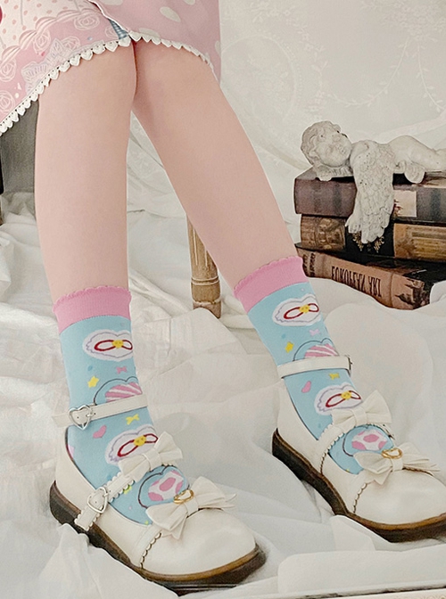 Cute Blue Pink Printed Knit Short Tube Socks Sweet Lolita Socks