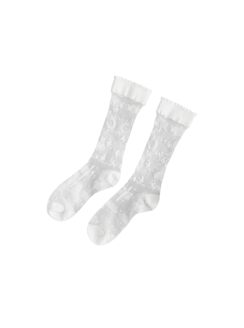 Starry Night Magic Series White Thin Moon Stars Print Summer Middle Tube Socks Classic Lolita Socks