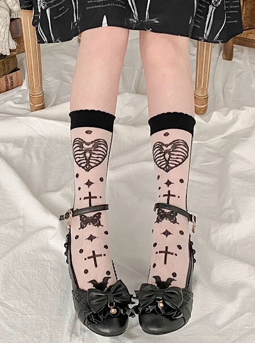 Magic Butterfly Series Black Butterfly Love Print Middle Tube Thin Gothic Lolita Socks