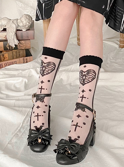 Magic Butterfly Series Black Butterfly Love Print Middle Tube Thin Gothic Lolita Socks