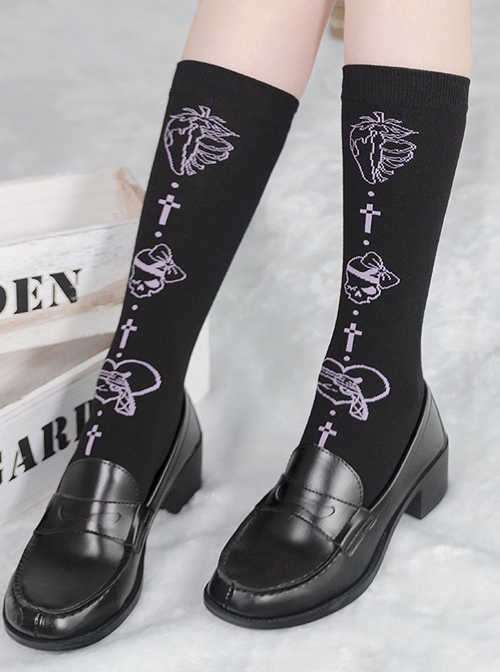 Skull Love Print Black Simple Daily Middle Tube Knit Socks Gothic Lolita Socks