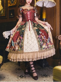 Wanhua Mirror Series Tea Party Retro Gorgeous Oil Painting Print Elegant Square Neck Lace Ruffle Hem Classic Lolita Short Sleeve Dress