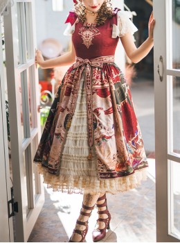Wanhua Mirror Series Classical Elegant Square Neck Small Fly Sleeve Design Retro Oil Painting Print Ruffle Hem Classic Lolita Short Sleeve Dress