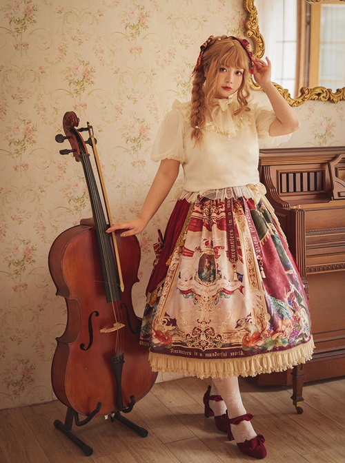 Wanhua Mirror Series Irregular Gorgeous Retro Oil Painting Print Ruffle Hem Classic Lolita Skirt