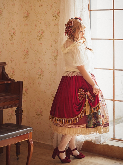 Wanhua Mirror Series Irregular Gorgeous Retro Oil Painting Print Ruffle Hem Classic Lolita Skirt