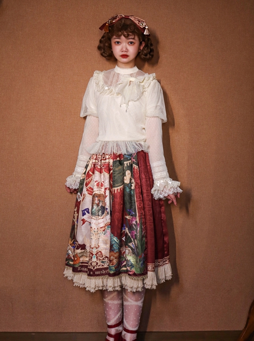 Wanhua Mirror Series Irregular Gorgeous Retro Oil Painting Print Ruffle Hem Classic Lolita Skirt