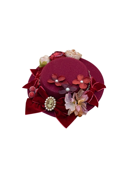 Wanhua Mirror Series Red Velvet Bowknot Flowers Decorated Retro Classic Lolita Little Top Hat