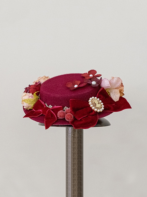 Wanhua Mirror Series Red Velvet Bowknot Flowers Decorated Retro Classic Lolita Little Top Hat