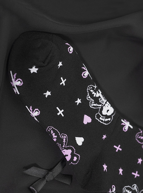 Resurrection Bear Series Black Resurrection Bear Print Sweet Cool Girl Mid-Tube Knit Socks Gothic Lolita Socks