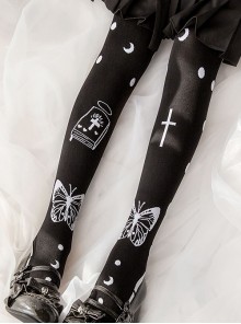 Death Prayer Series Black Butterfly Cross Print Knit Halloween Long Socks Classic Lolita Socks