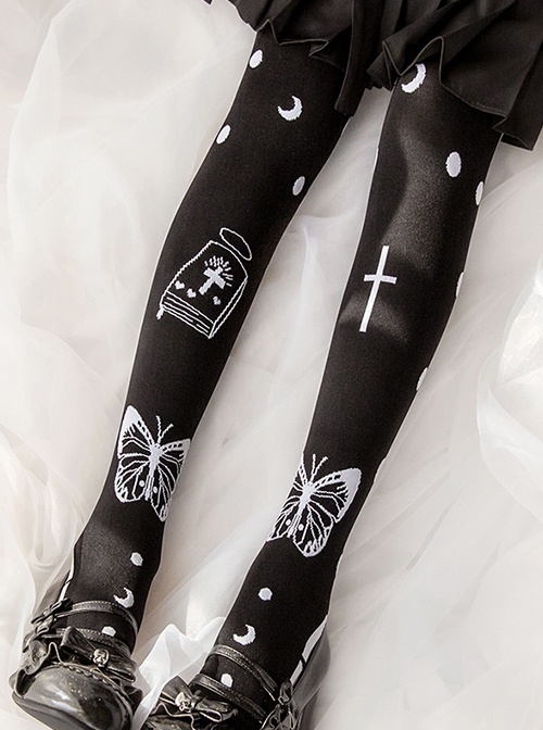 Death Prayer Series Black Butterfly Cross Print Knit Halloween Long Socks Classic Lolita Socks