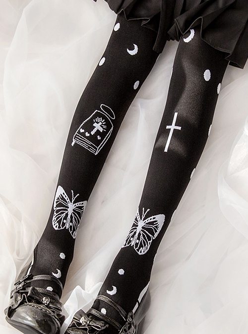 Death Prayer Series Black Butterfly Cross Print Knit Halloween Long Socks Classic Lolita Socks